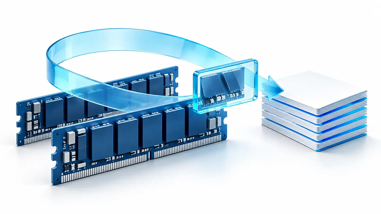 Blue memory modules beneath a cyan diagnostic loop beside a stack of plain report cards.