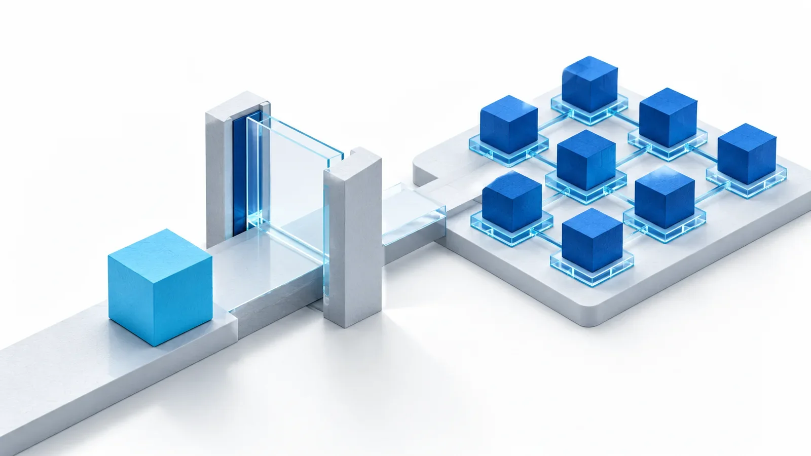 Cyan workload cube waiting at an admission gate before a separate blue node scheduling grid, conceptual illustration
