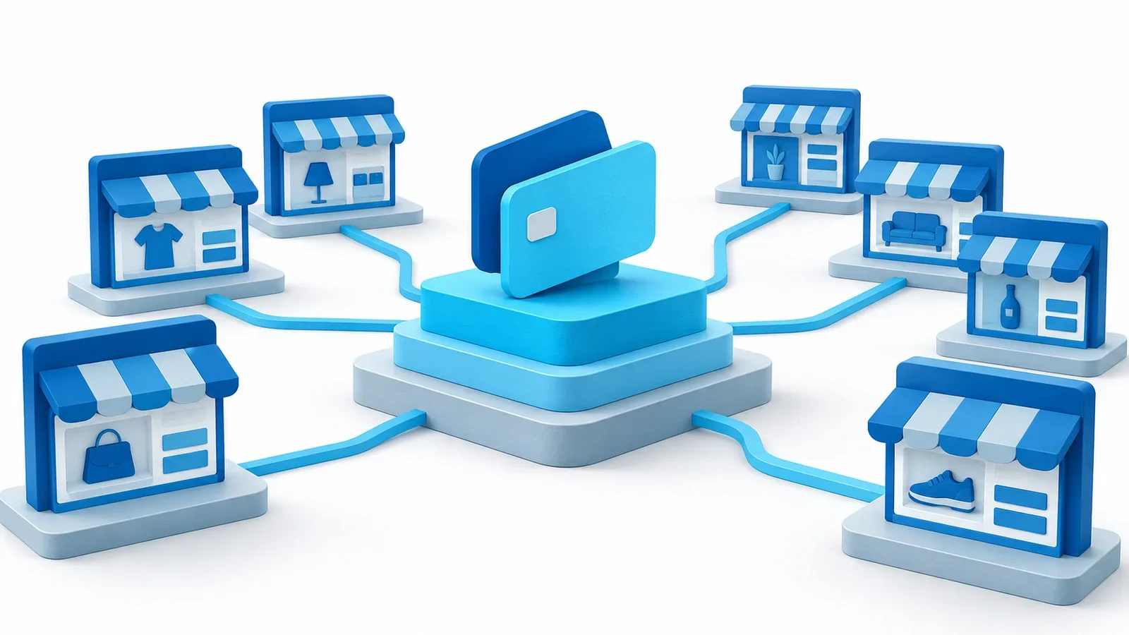 A shared cyan public payment foundation supporting many distinct blue storefront-like interfaces