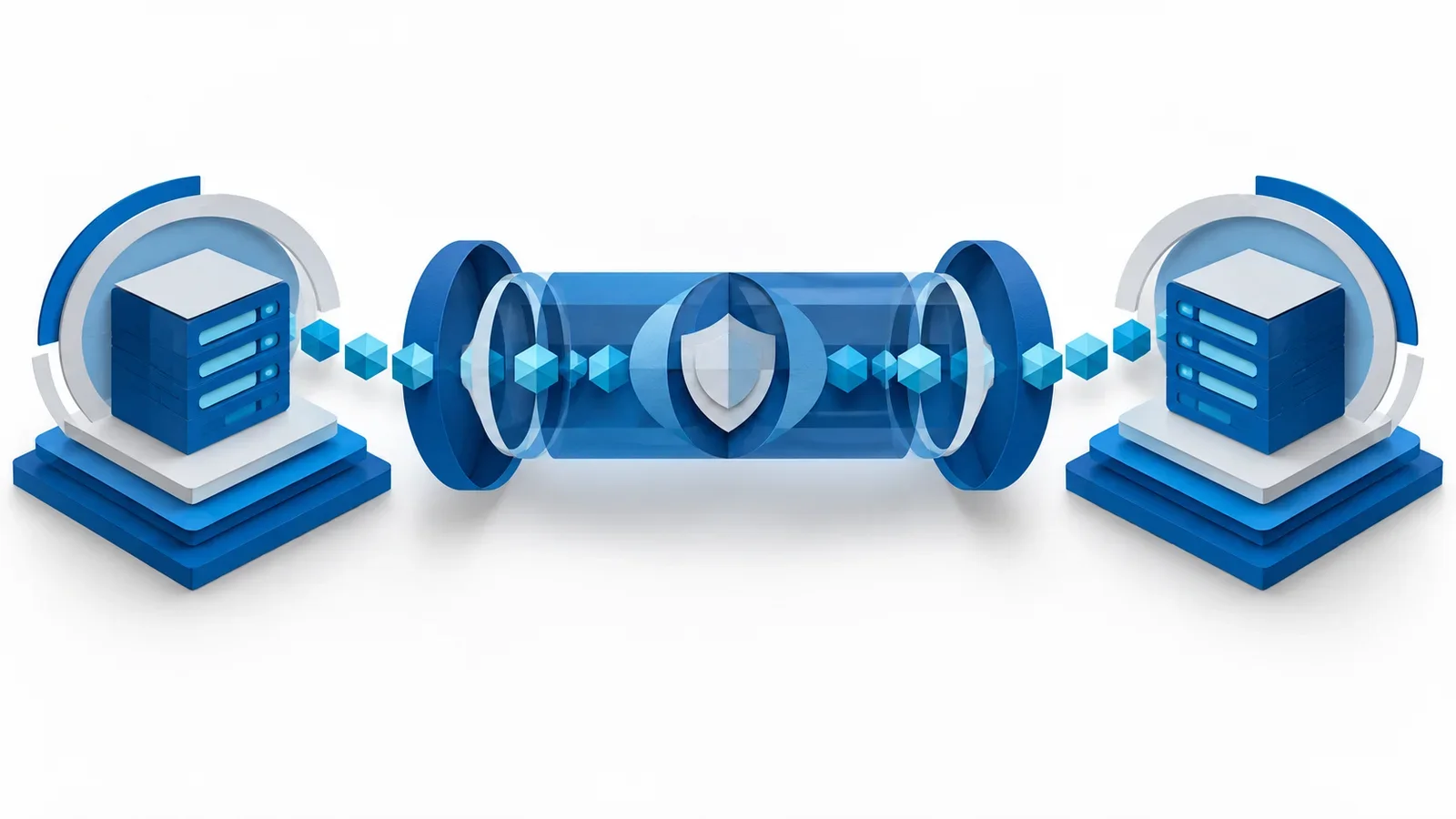 Editorial illustration of two network nodes exchanging compact cyan geometric packets through an encrypted blue tunnel.