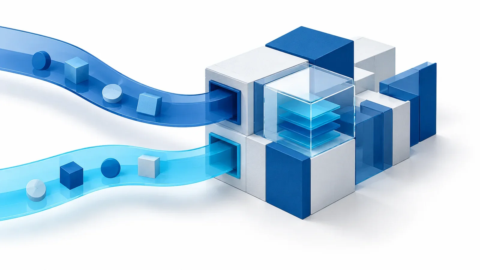 Two translucent payment channels entering a precise modular enterprise software structure