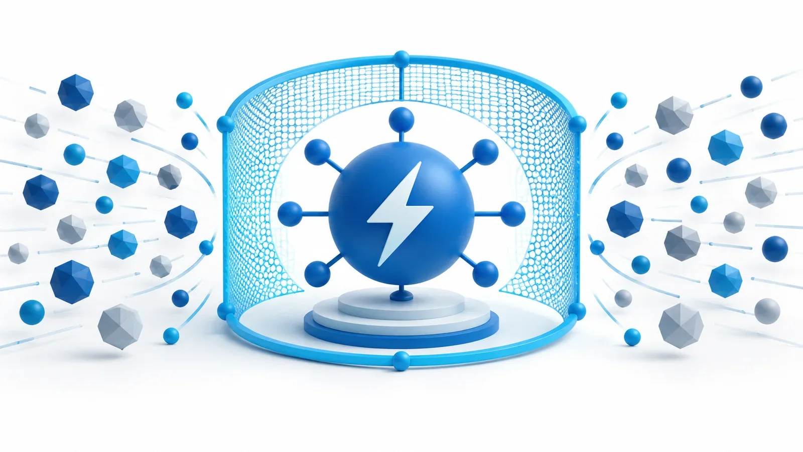Editorial illustration of a blue Lightning node protected by a cyan bounded input sieve with excess packets contained outside.