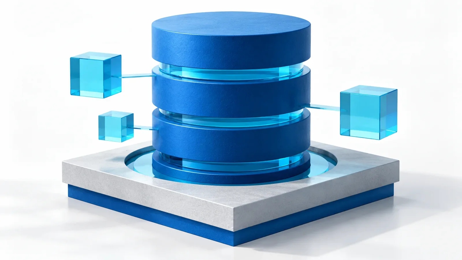Blue database tower with a few cyan preview blocks held outside a stable foundation, conceptual illustration