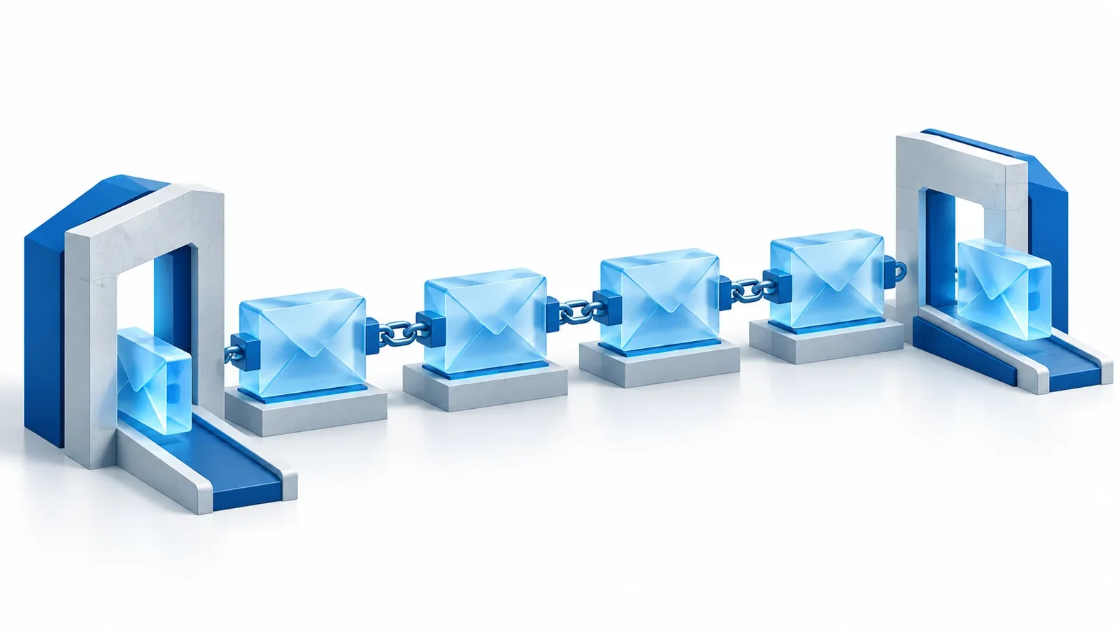 Editorial illustration of encrypted translucent blue envelopes anchored to a public chain with a clearly visible separate entry and exit gate.