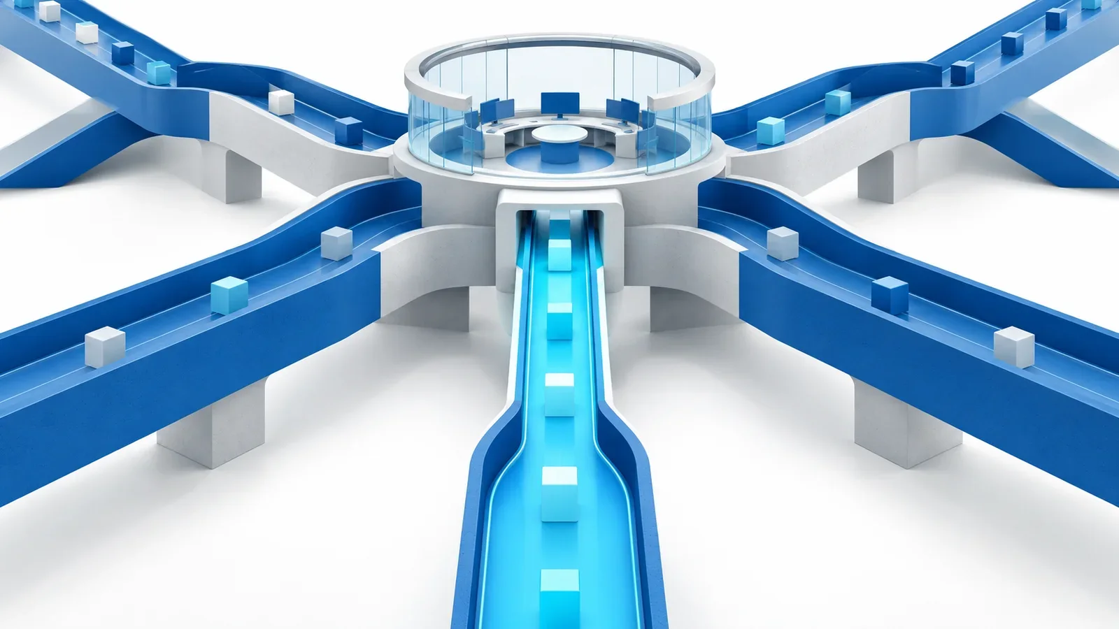 A bank payment control room represented by interlocking blue channels and a single cyan settlement path