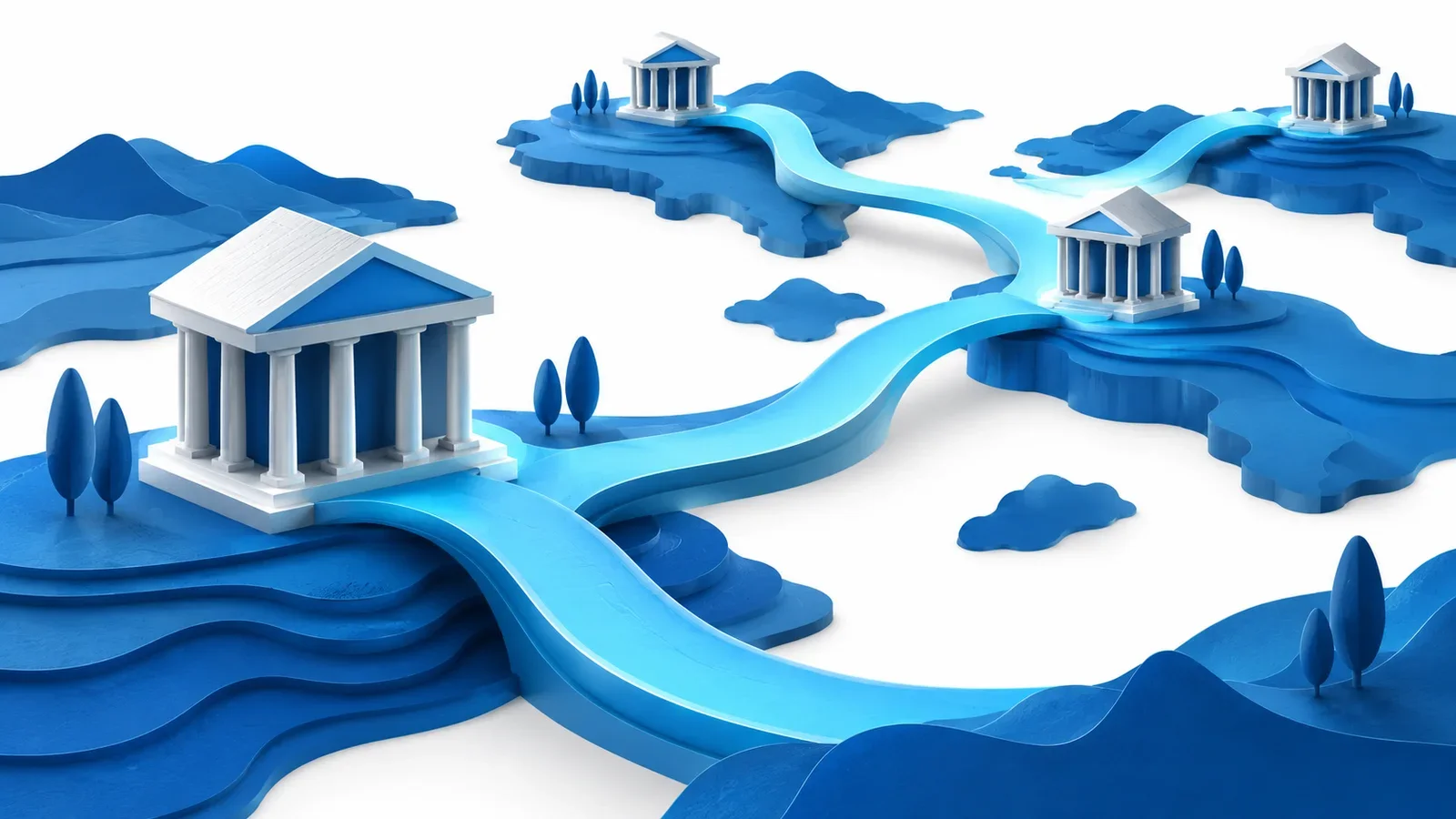 A flowing cyan corridor connecting abstract regional banking gateways across layered blue terrain