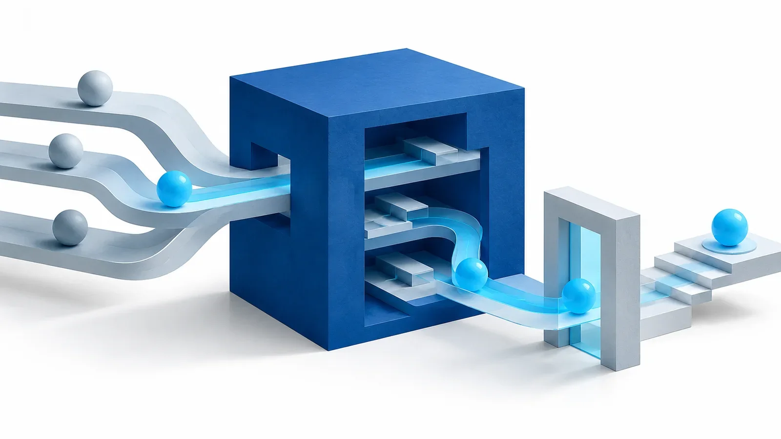 Deep blue architectural cube guiding a cyan tool through layered paths and a separate review gate, conceptual illustration