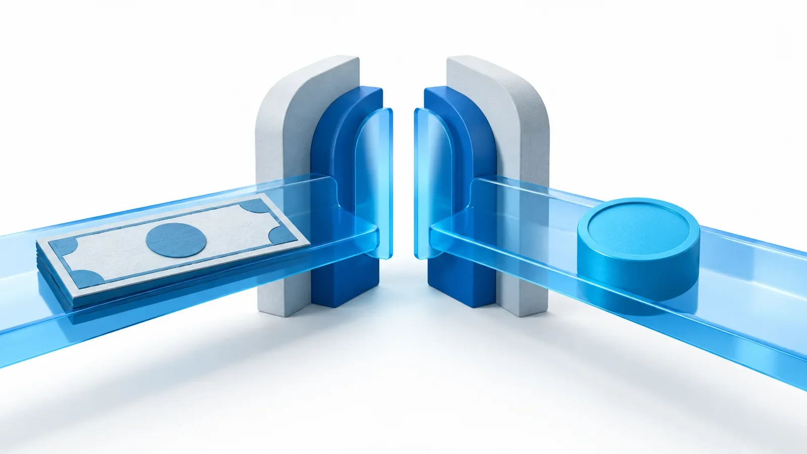 Two transparent blue rails carrying a bill-like asset and a cyan money token into a synchronized central gateway