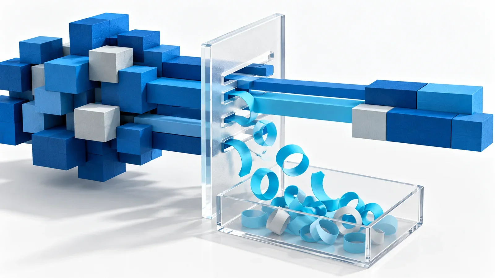 Blue software blocks shedding redundant cyan loops into a transparent measurement tray without numeric charts, conceptual illustration