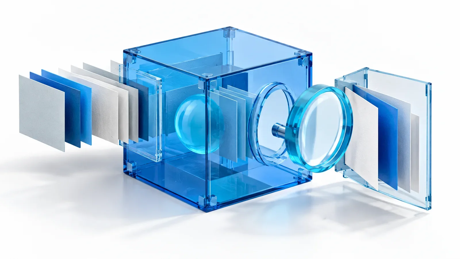 Transparent blue laboratory cube with a separate cyan inspection lens and outward-opening document gate, conceptual illustration