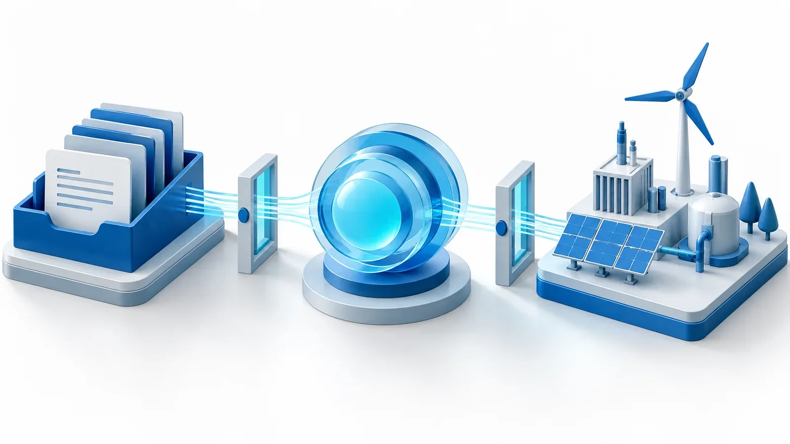 Central cyan lens joining separate blue document inbox and engineering islands through narrow permission gates, conceptual illustration