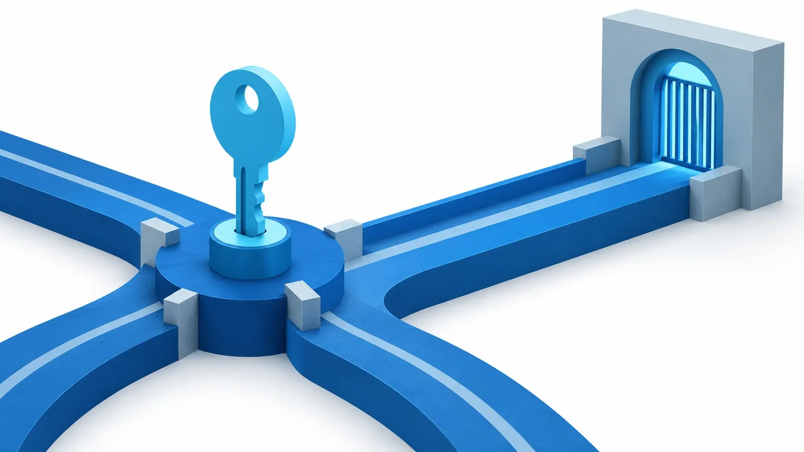 A cyan institutional signing key governing a blue workflow junction before a separate settlement gateway