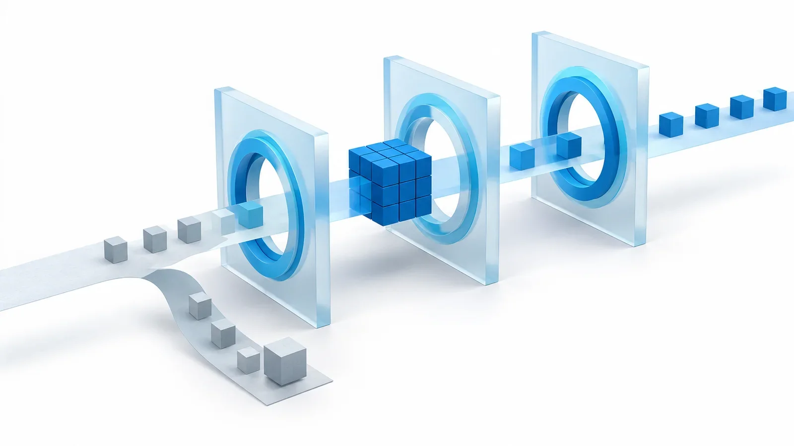 Editorial illustration of a blue full-node cube moving through three translucent verification gates with an isolated test branch.