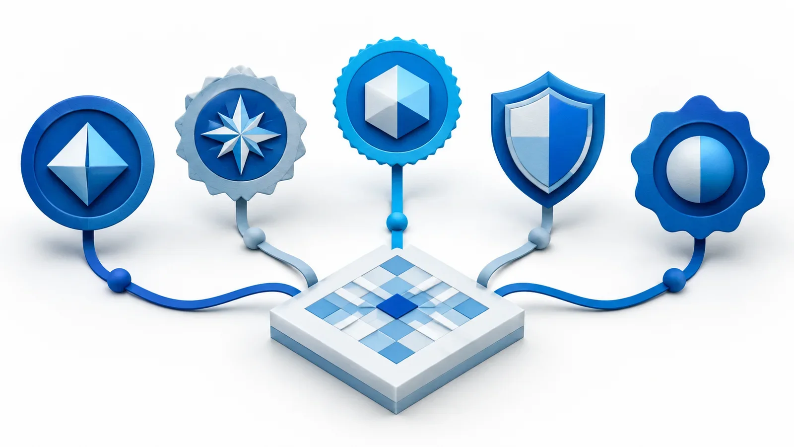 Editorial illustration of a set of cryptographic blue seals with distinct geometric identities feeding a shared verification grid.