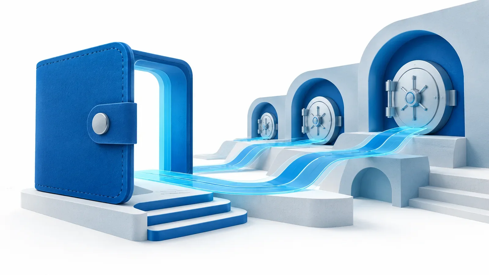 A clean abstract mobile wallet doorway opening onto layered custody vaults and cyan payment channels