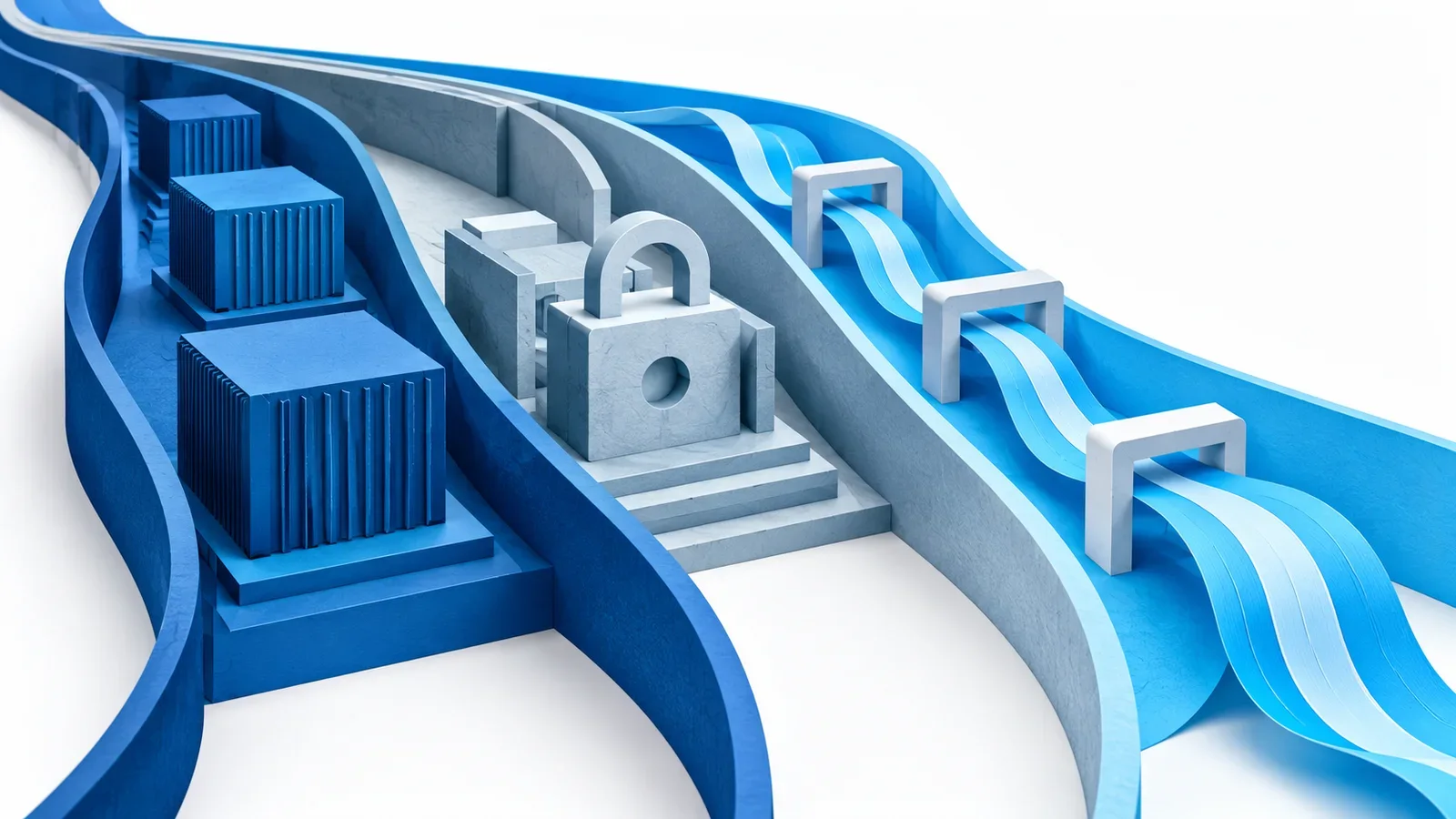 Editorial illustration of three separated channels carrying compute blocks, a collateral lock and an electricity ribbon.