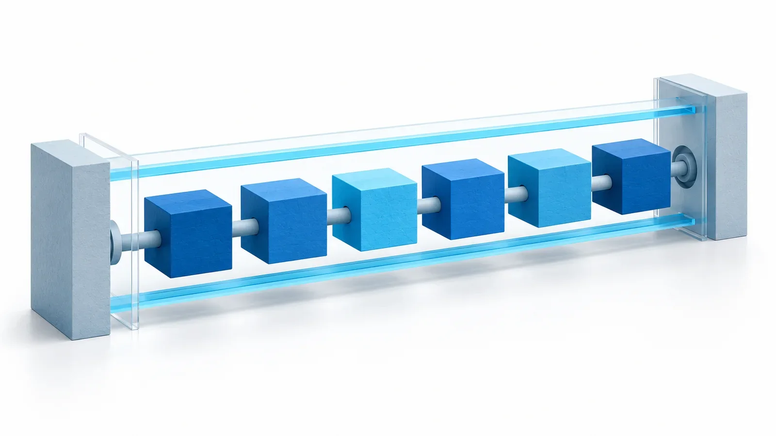 Editorial illustration of a chain of blue blocks constrained between two precise cyan time rails and a translucent proof frame.