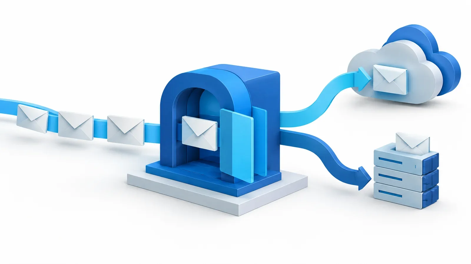 Editorial illustration of a blue mail gateway with an additional cyan patch layer and separate cloud and local routes.