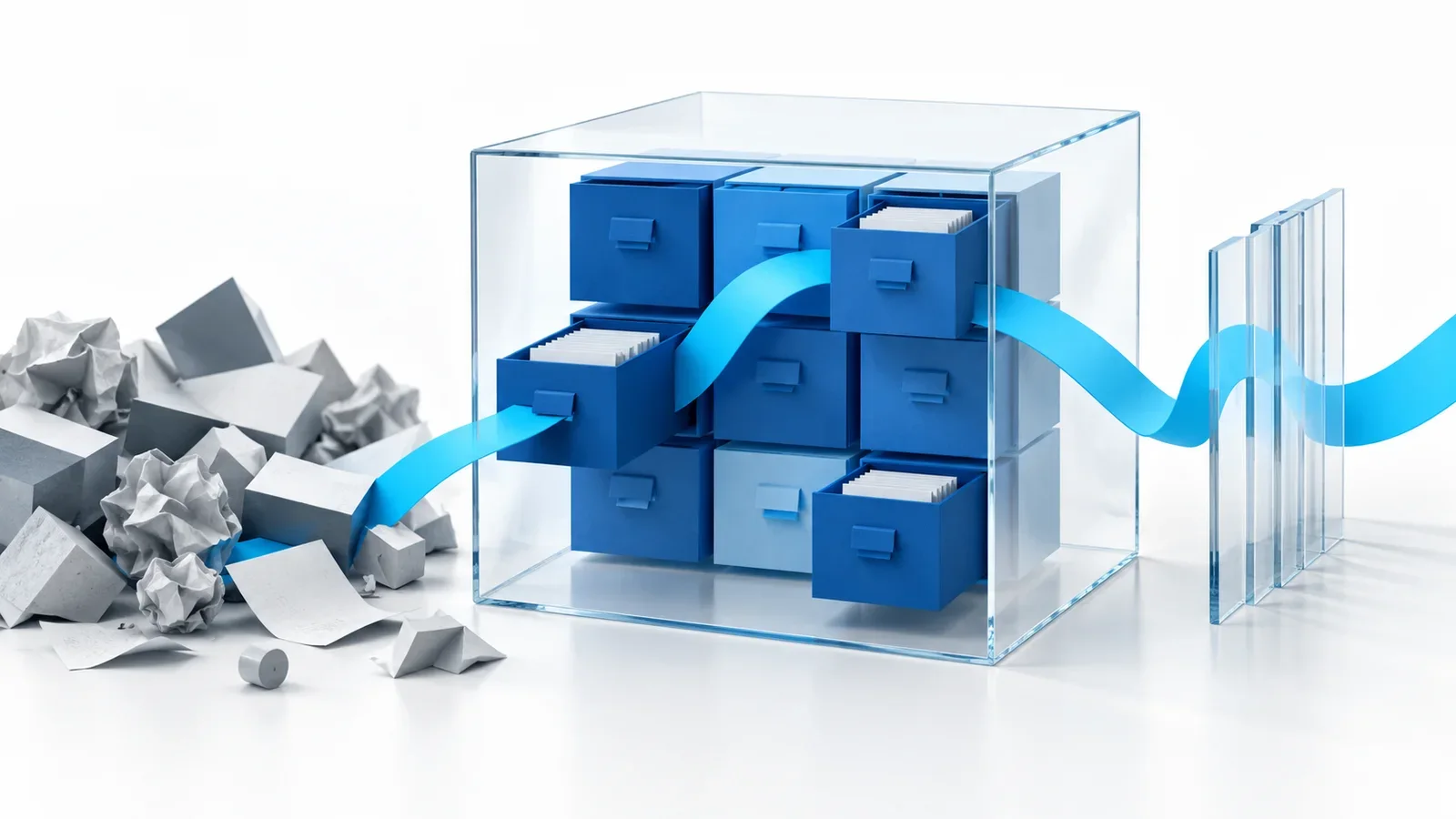 Cyan ribbon threading selected blue memory drawers while obsolete fragments remain outside a transparent boundary, conceptual illustration