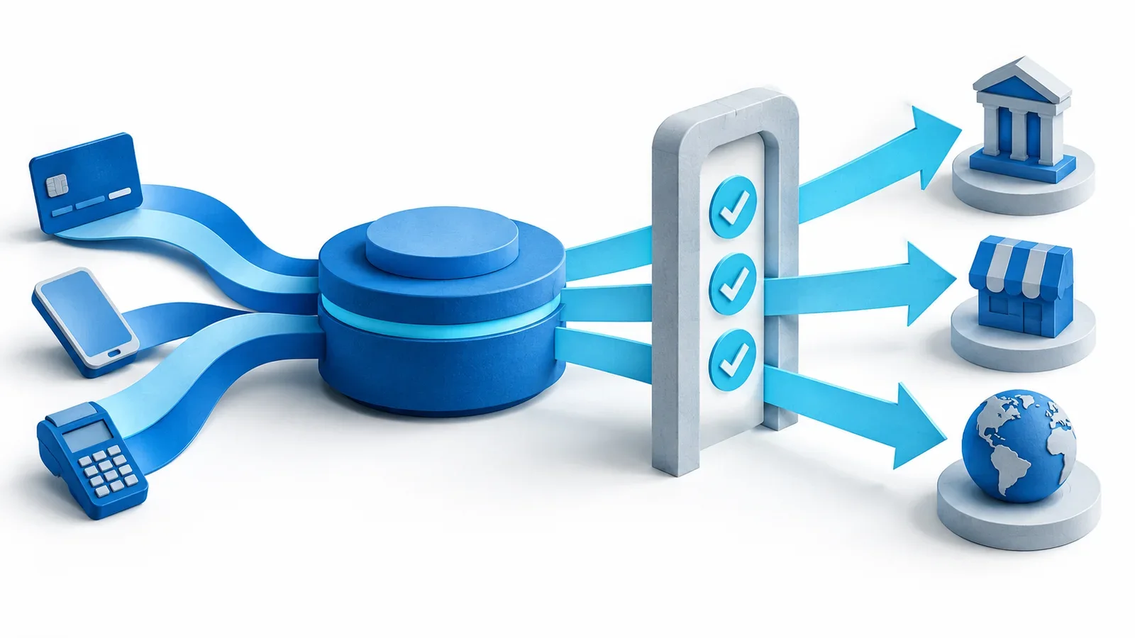 Editorial illustration of a blue merchant payment hub with outbound cyan arrows passing through a destination allowlist gate.