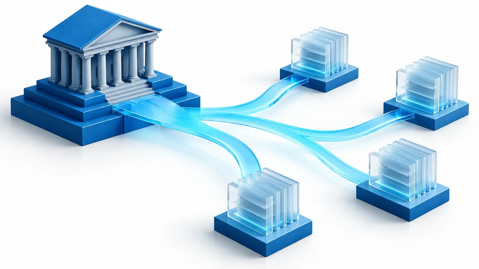 A luminous cyan bridge joining a blue institutional settlement foundation to multiple transparent asset ledgers