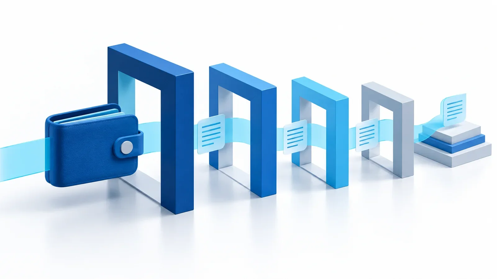 Editorial illustration of a blue wallet container passing through versioned geometric gates while retaining a clear cyan audit trail.