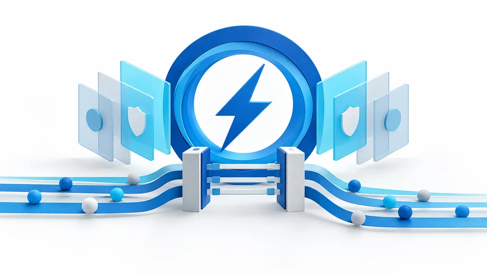 Editorial illustration of a blue Lightning channel ring with layered cyan permissions and a balanced traffic gate.