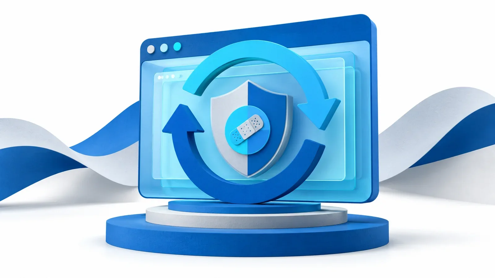 Editorial illustration of a blue browser with a protected cyan prerender layer and a restart loop closing around a security patch.