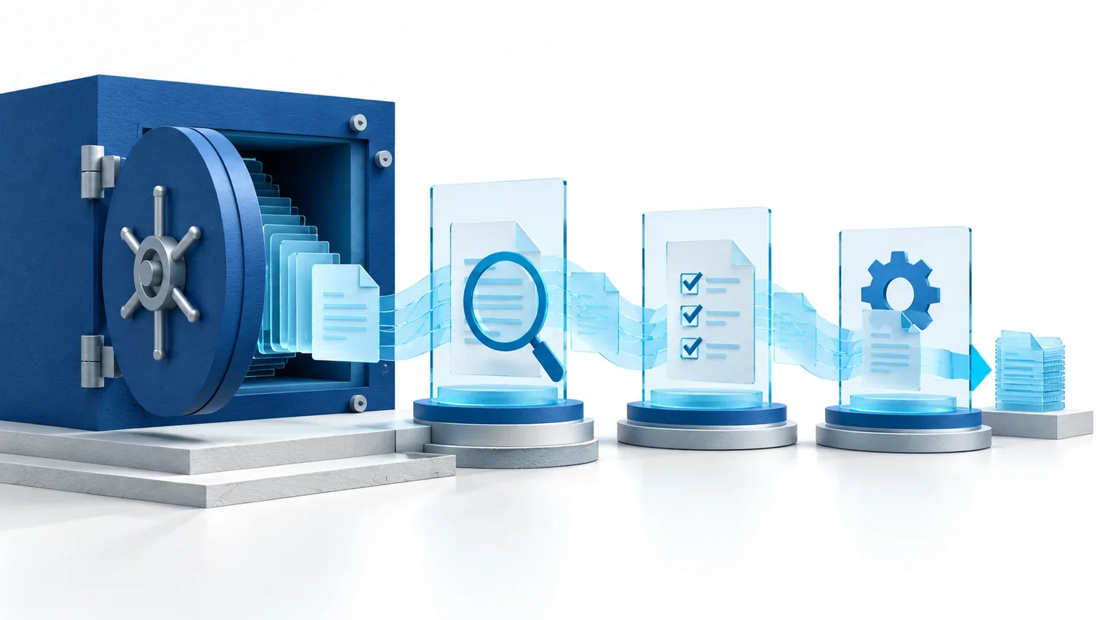 Deep blue institutional vault beside three transparent cyan stages for retrieval review and controlled action, conceptual illustration