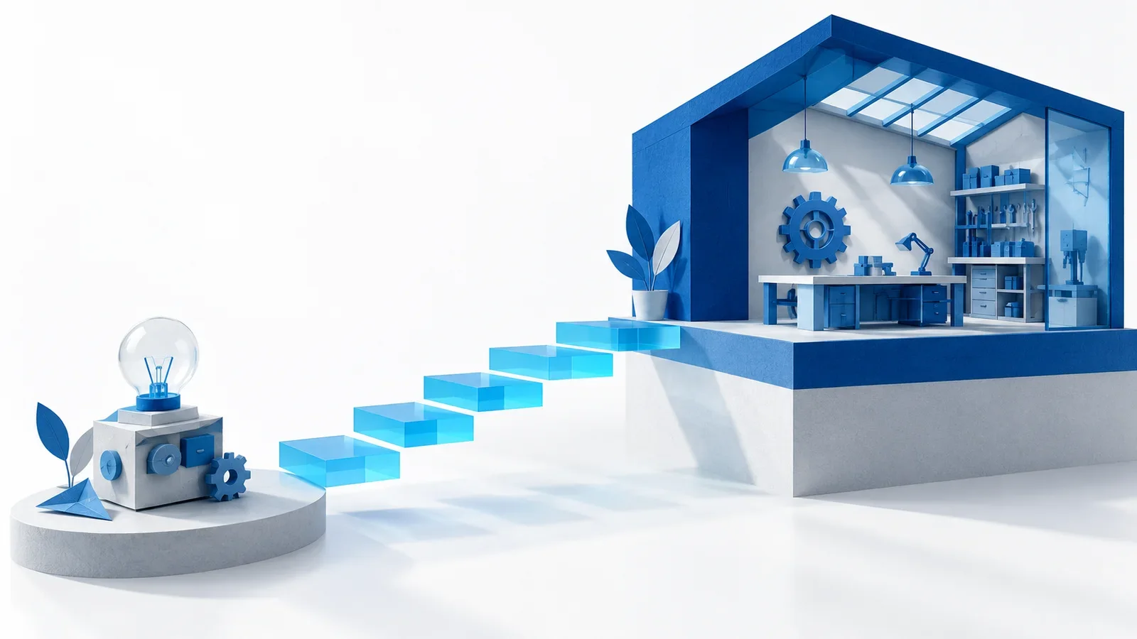 Cyan learning staircase connecting a small prototype to a structured deep blue engineering workshop, conceptual illustration