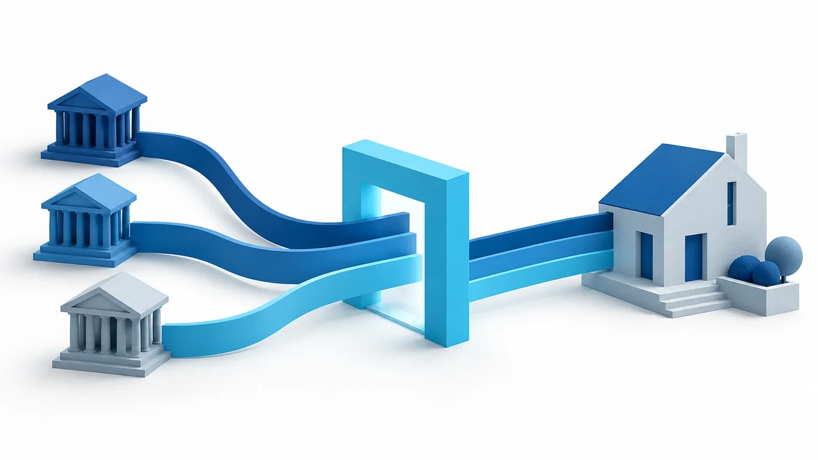 Blue interbank channels passing through a cyan conditional gate beside an abstract house-like structure