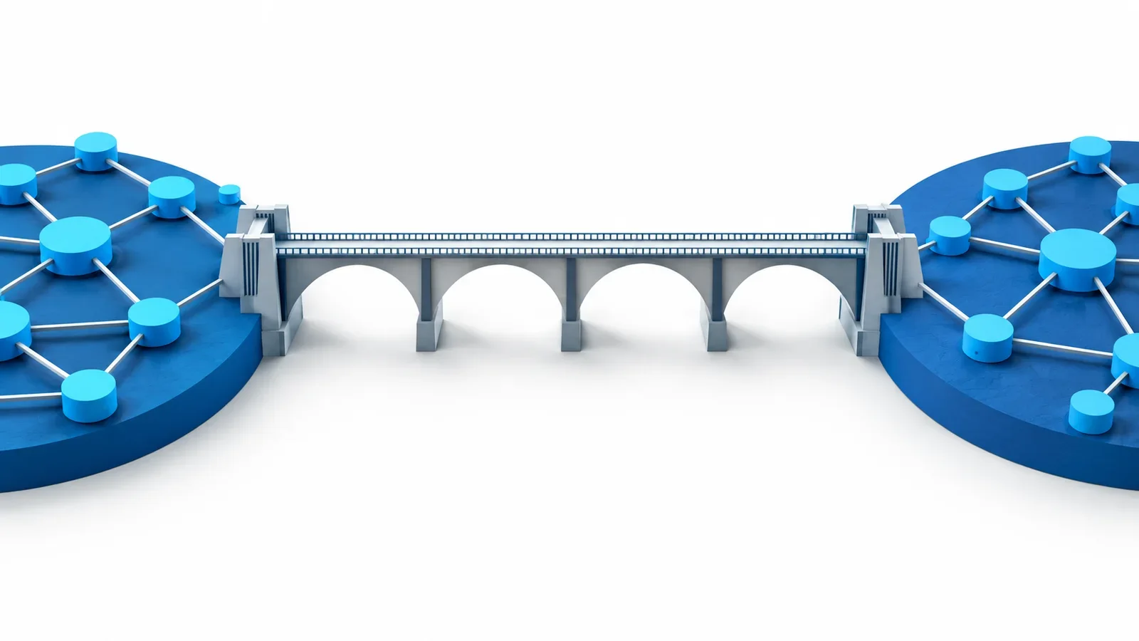 A long architectural bridge joining two abstract financial networks with evenly spaced cyan nodes