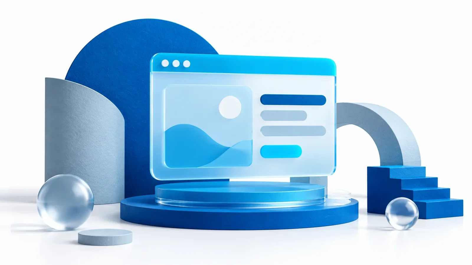 Cyan browser window hovering above layered blue fallback surfaces and a clear accessible reading path, conceptual illustration