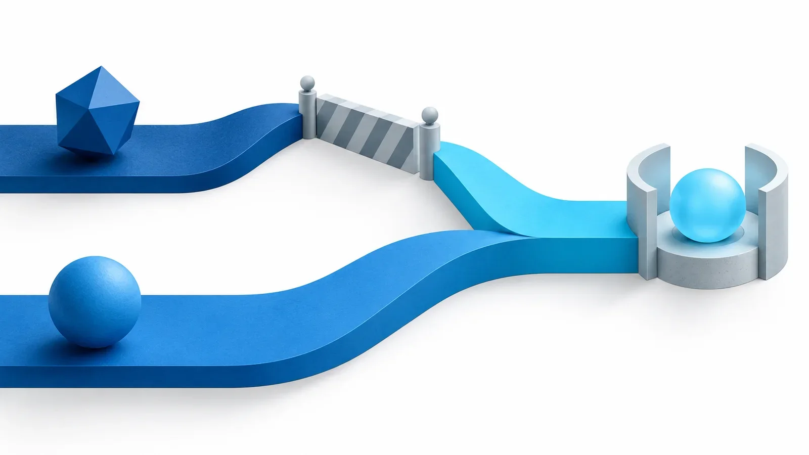 Editorial illustration of two blue estimation paths converging at a guarded cyan output with one path temporarily unavailable.