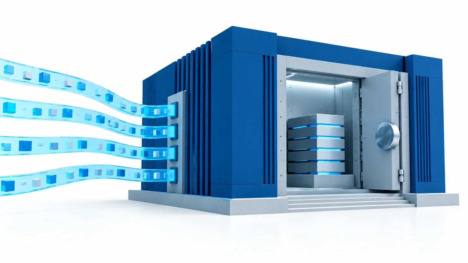 A secure blue institutional data-centre block with cyan standard-message channels entering a private ledger chamber