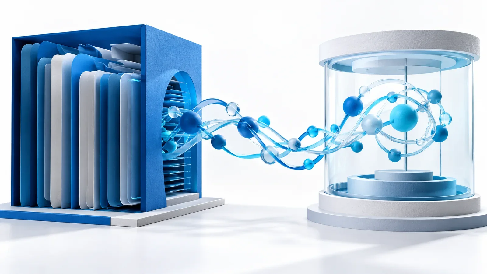 Abstract cyan molecular loops emerging from a blue data archive into a separate translucent experiment chamber, conceptual illustration