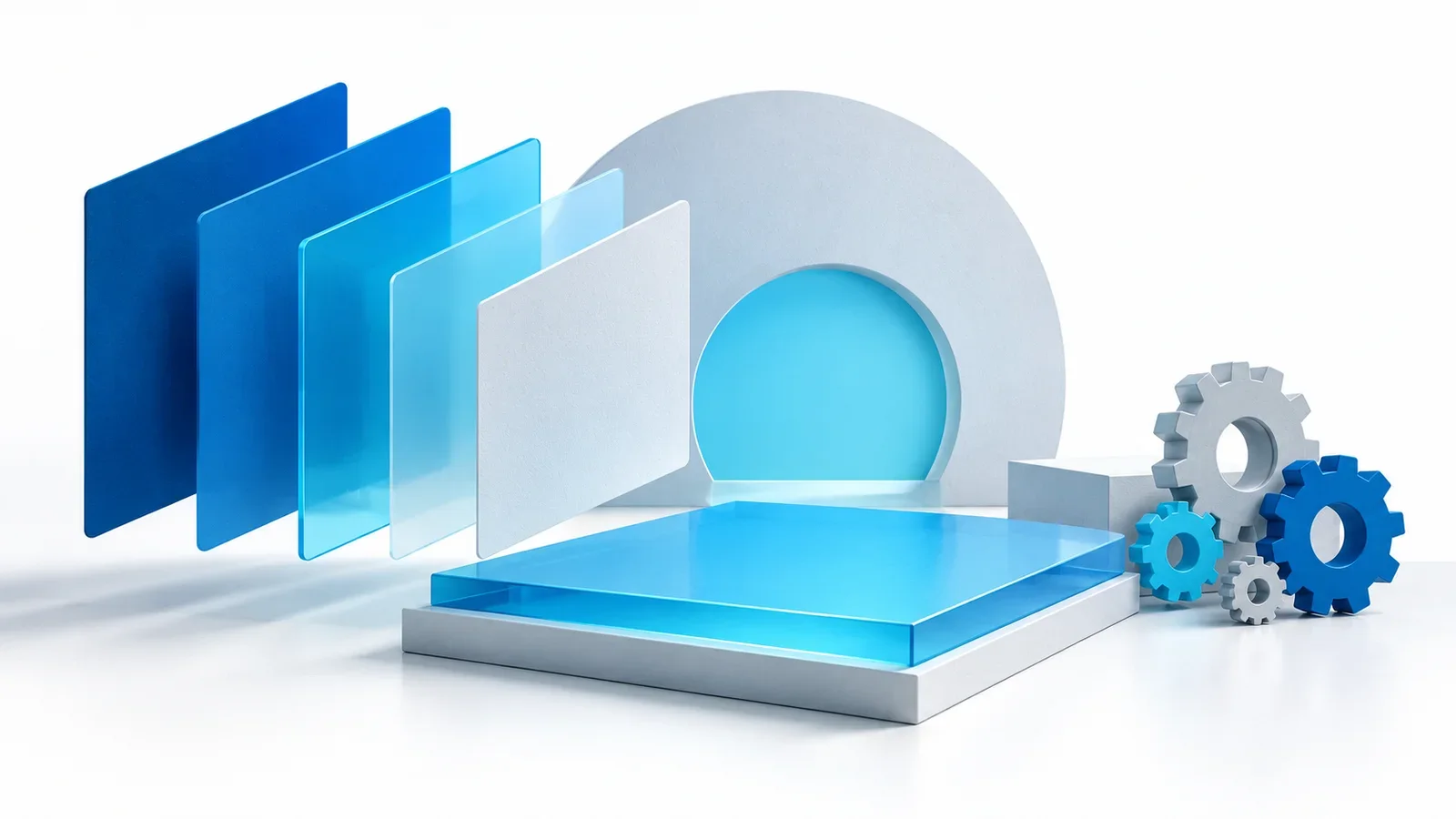 Blue stylesheet layers arriving beside a quiet cyan rendering surface with excess runtime gears set aside, conceptual illustration