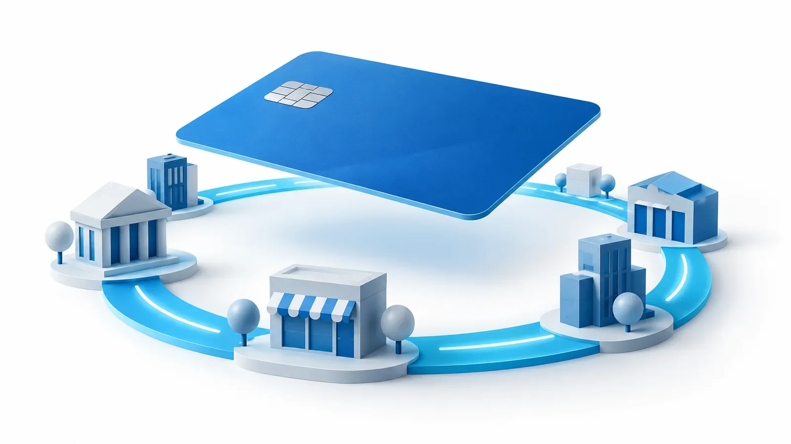 A continuous cyan settlement loop beneath an abstract blue card-shaped payment surface