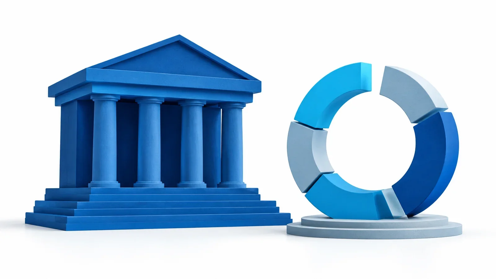 An unfinished cyan circular payment structure beside a solid blue institutional foundation