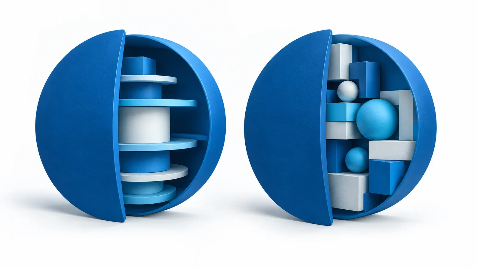 Two similar blue digital discs revealing different internal claim structures under precise cyan light