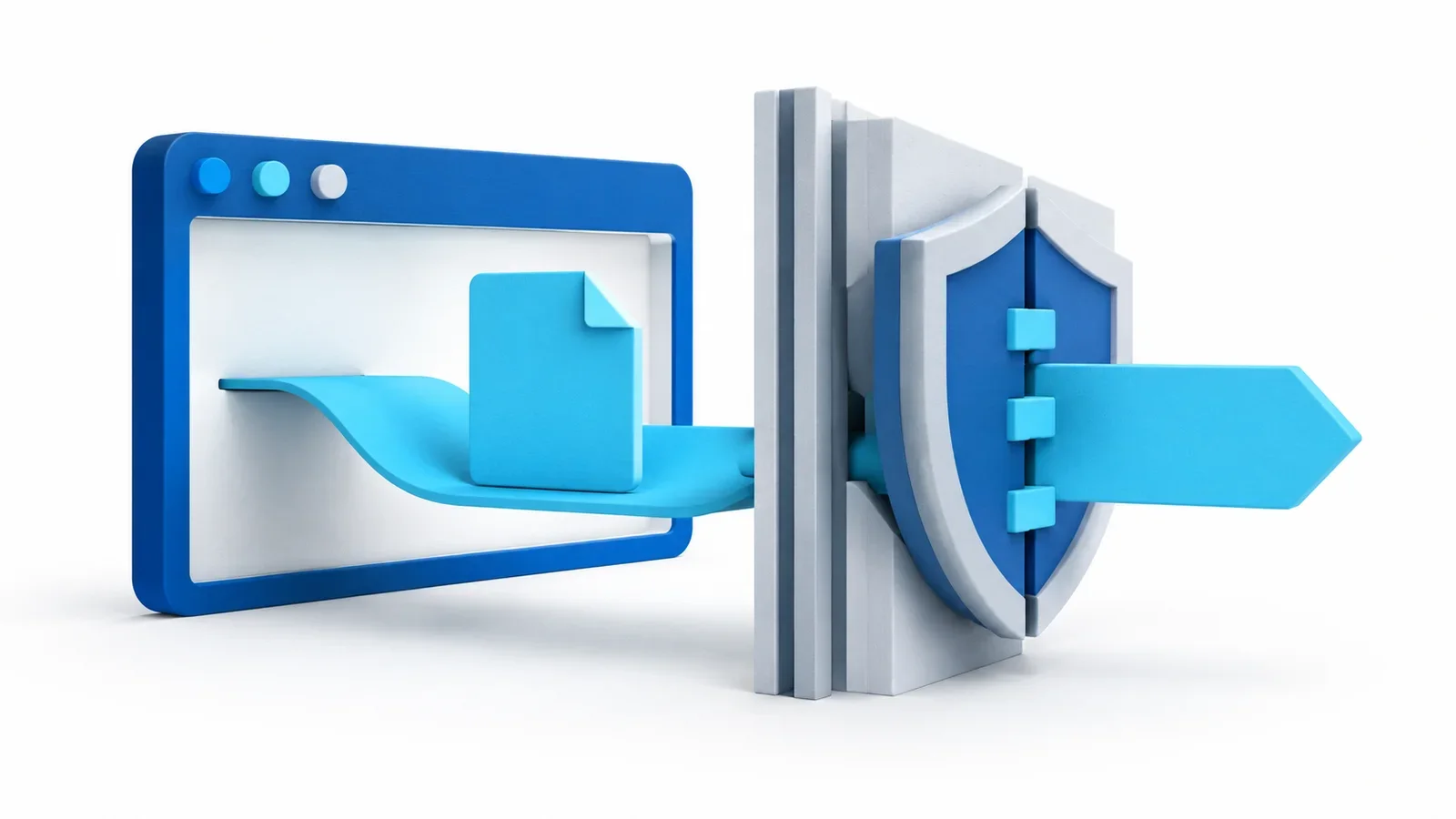 Editorial illustration of a blue browser window with a cyan file passing through a repaired protective boundary.