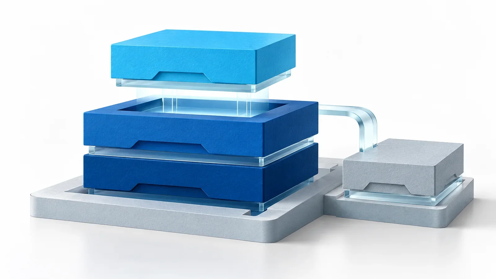 Layered blue runtime blocks with a cyan replacement module and a retained rollback block, conceptual illustration