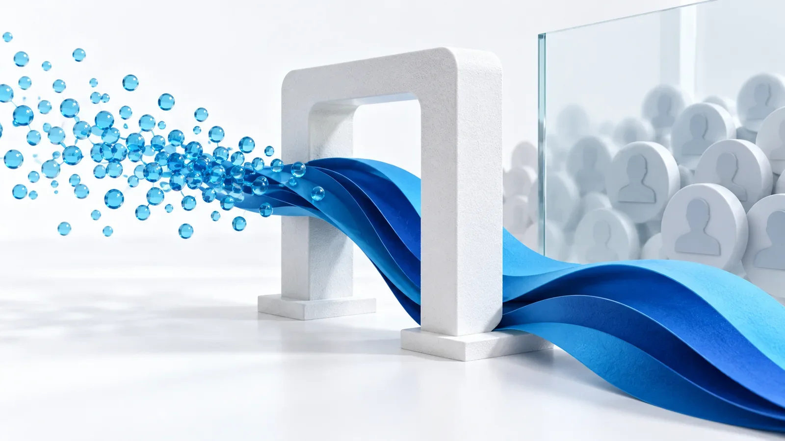 Cyan event dots becoming an anonymous blue trend ribbon while identity-shaped pieces remain behind a boundary, conceptual illustration