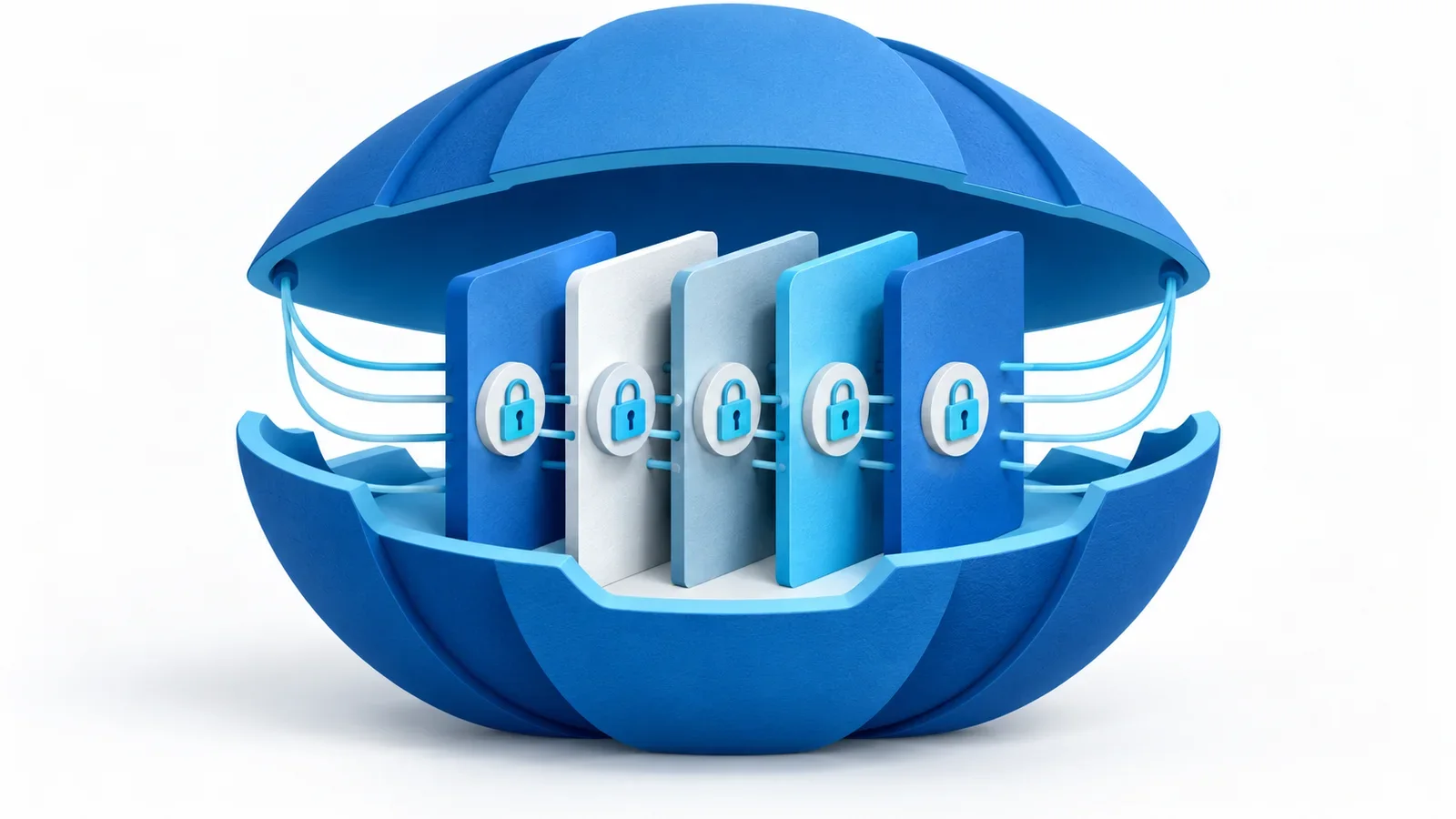 Editorial illustration of a blue application shell enclosing synchronized channel-state plates protected by cyan locks.