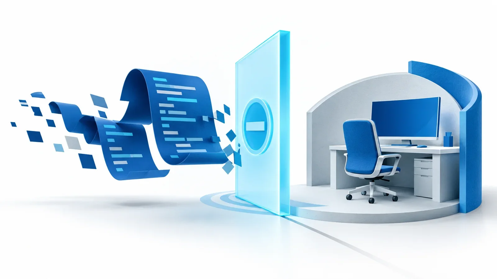 Editorial illustration of an untrusted blue coding task stopped at a cyan boundary before reaching a protected developer workstation.