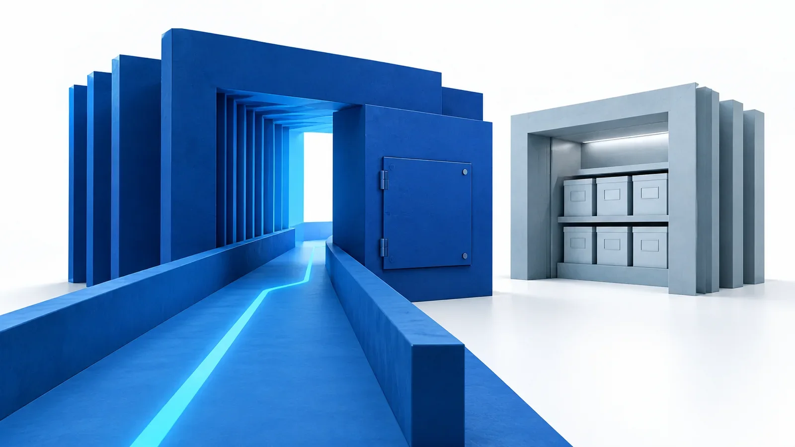 An abstract blue remote-access gateway beside a closed maintenance panel and a separate protected evidence archive.