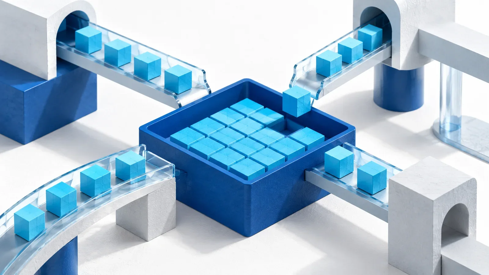 Small cyan cubes delivering verified pieces into one deep blue assembly tray, conceptual illustration