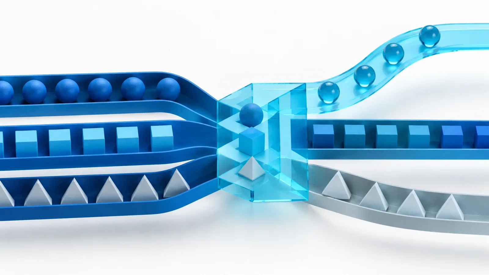 Three blue task channels passing through a cyan sorting junction with one elevated review path, conceptual illustration