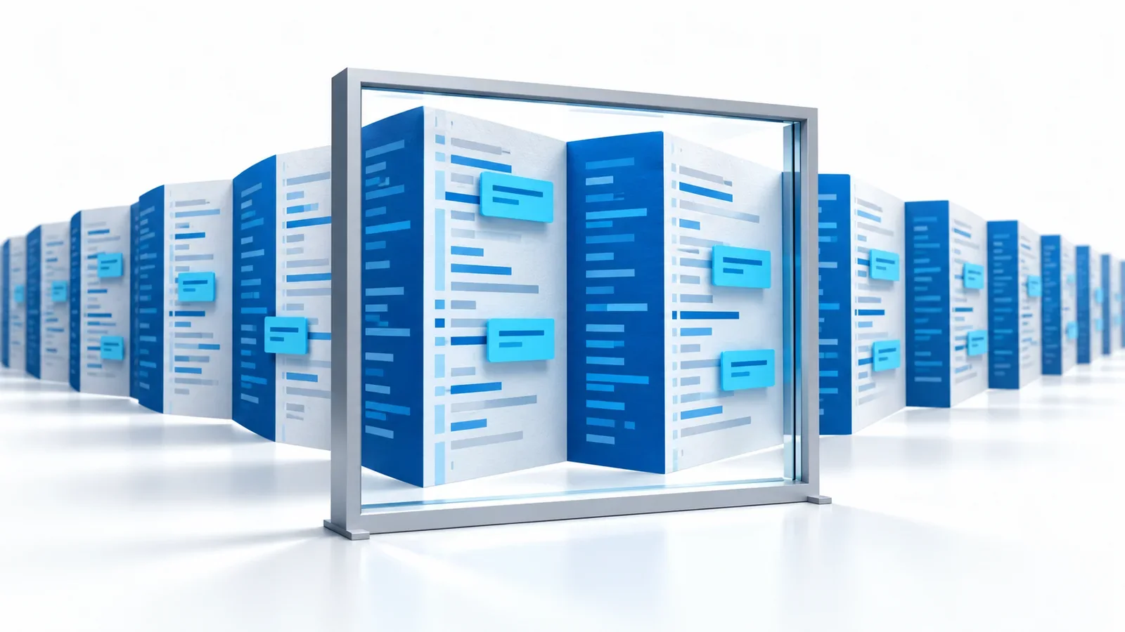 Tall blue code sheets and variable cyan conversation blocks moving through a narrow stable viewing frame, conceptual illustration