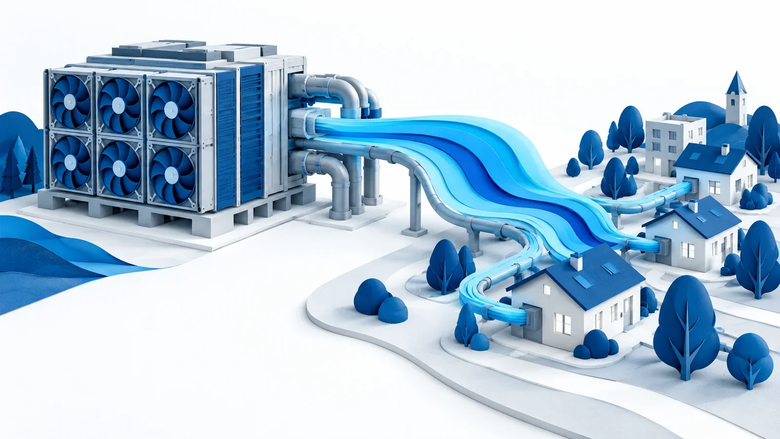 Editorial illustration of a mining-compute module transferring a cyan heat ribbon into a small district of homes.